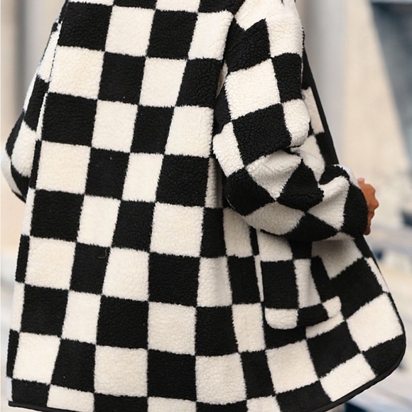 Double Take Checkered Button Front Coat with Pockets - Picture 3 of 5